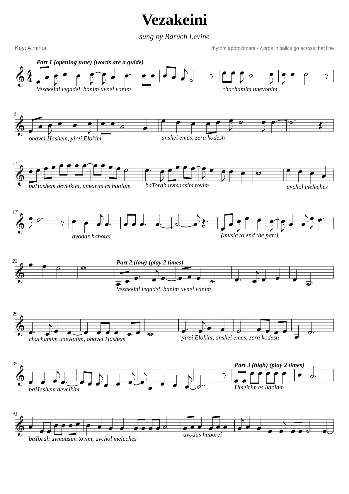 V'zakeini sheet music page 1